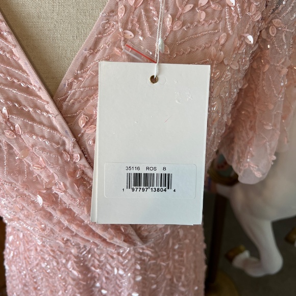 NWT Mac Duggal 35116 8 Pink Wrap Over 8 Flutter Sleeves Midi Beaded Dress Gown - Picture 6 of 10